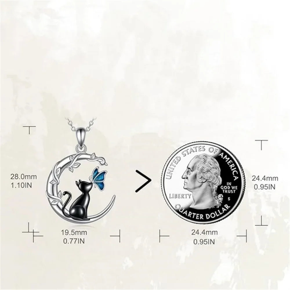 Moon Cat Butterfly Crystal Pendant Necklace