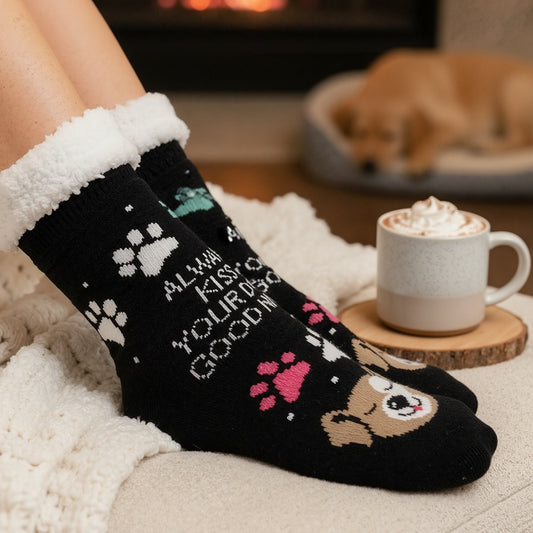 Always Kiss Your Dog Good Nite Cozy Paw Print Slipper Socks