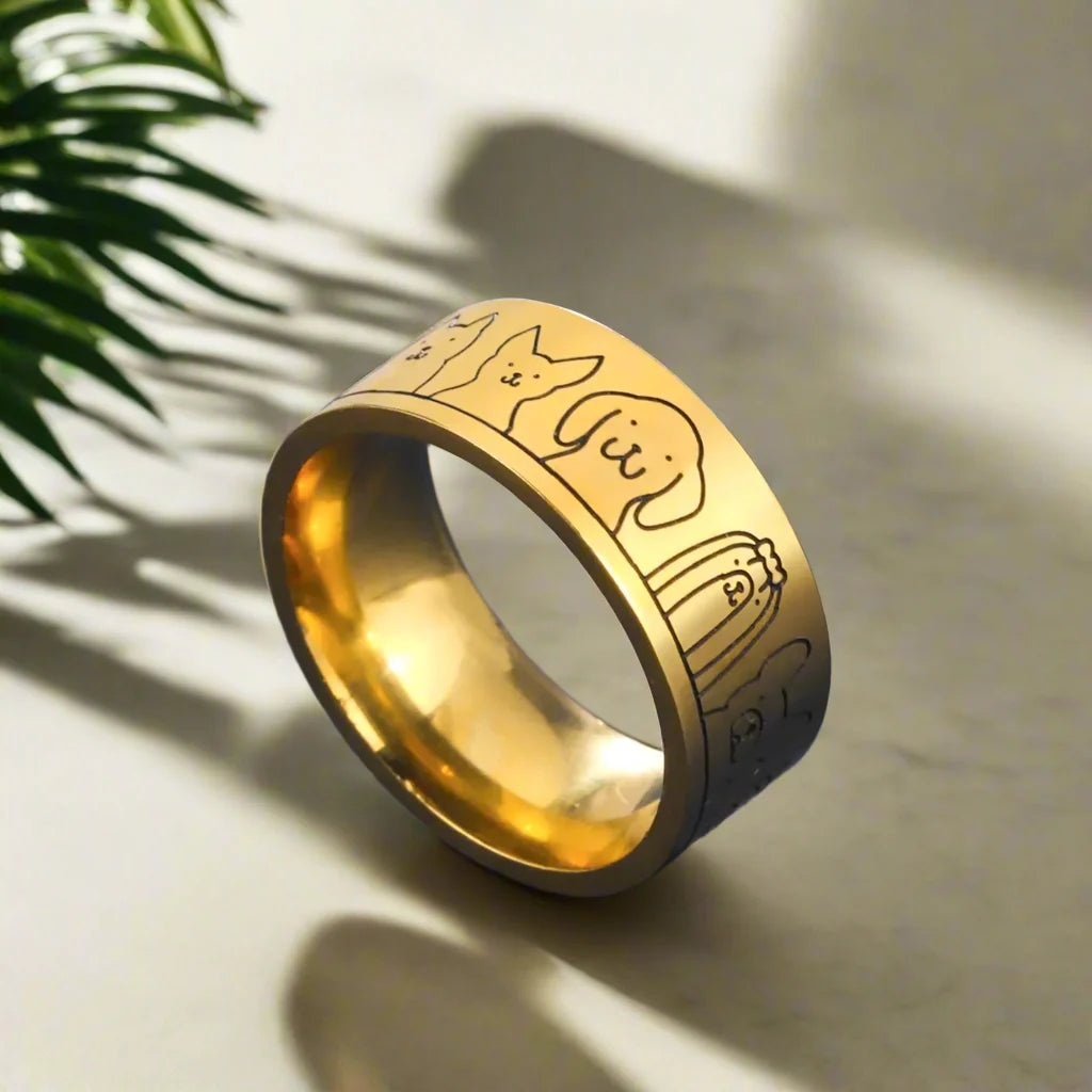 Wide Stainless Steel Dog Ring – Engraved Design for Women