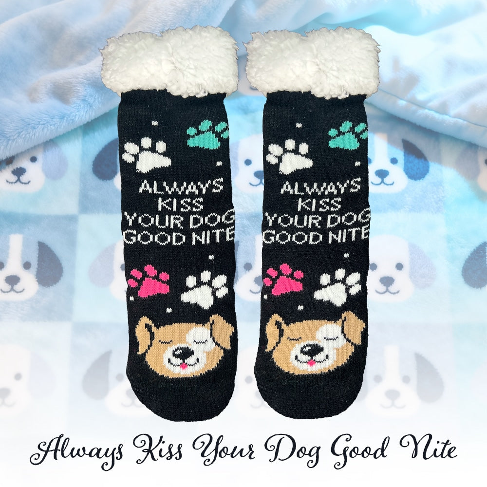 Always Kiss Your Dog Good Nite Cozy Paw Print Slipper Socks