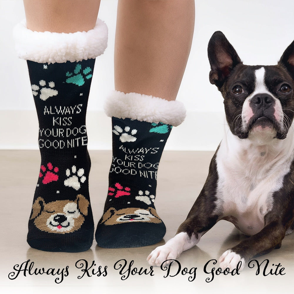 Always Kiss Your Dog Good Nite Cozy Paw Print Slipper Socks