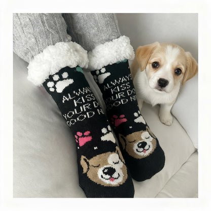 Always Kiss Your Dog Good Nite Cozy Paw Print Slipper Socks